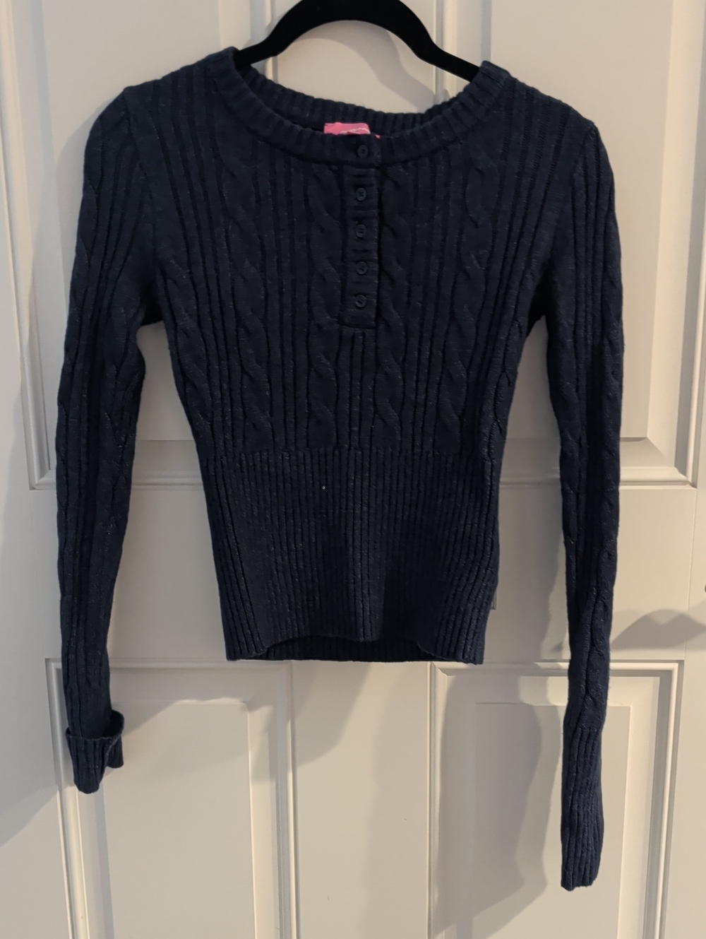 Edikted Navy Cable Knit Scoop-Neck Button Pullover Size Small